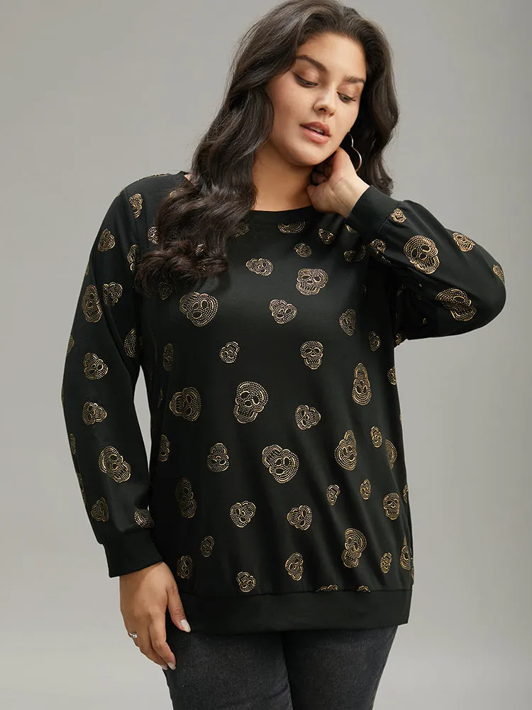 Halloween Glitter Skull Print Crew Neck Sweatshirt sold by Bloomchic product image thumbnail 4