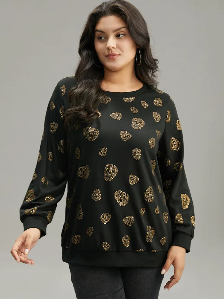 Halloween Glitter Skull Print Crew Neck Sweatshirt sold by Bloomchic