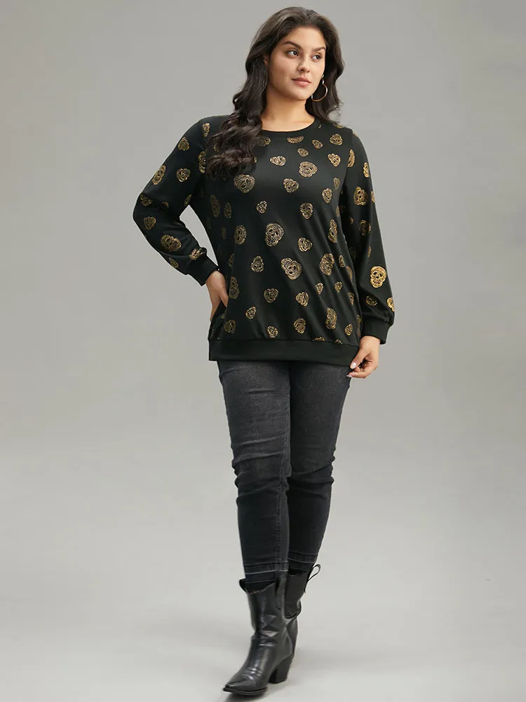 Halloween Glitter Skull Print Crew Neck Sweatshirt sold by Bloomchic product image thumbnail 5