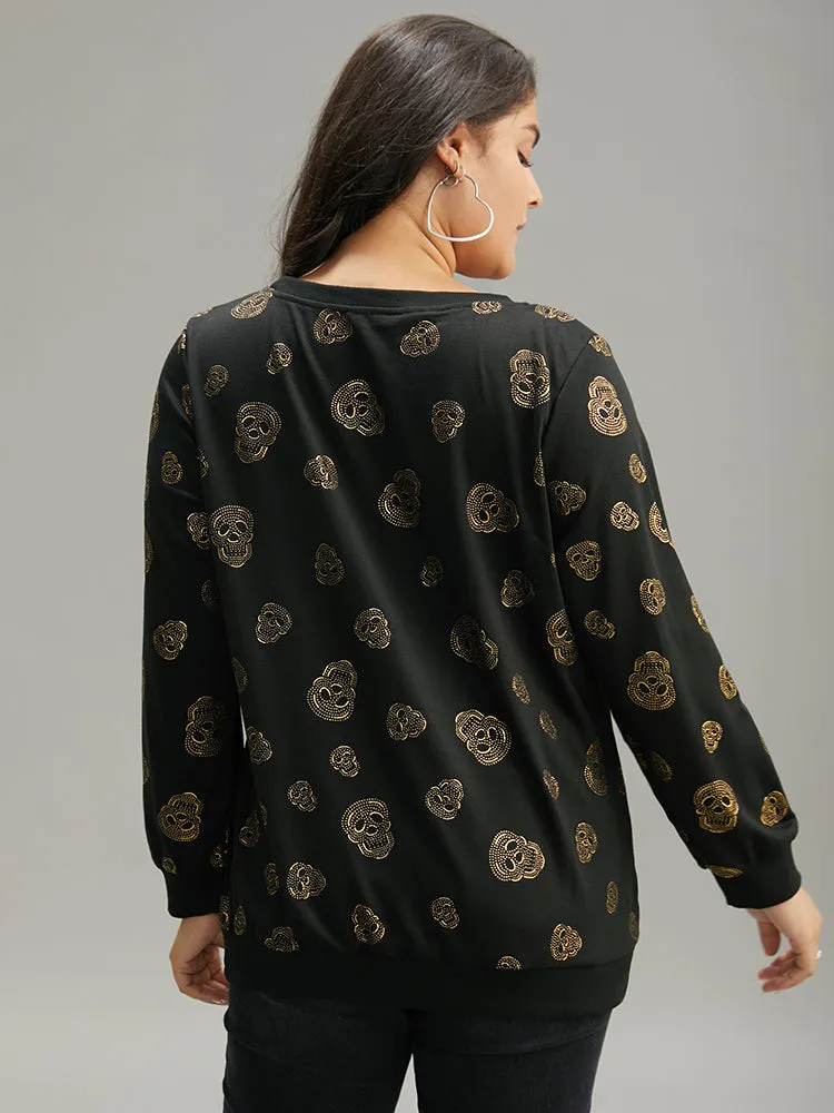 Halloween Glitter Skull Print Crew Neck Sweatshirt sold by Bloomchic product image thumbnail 2