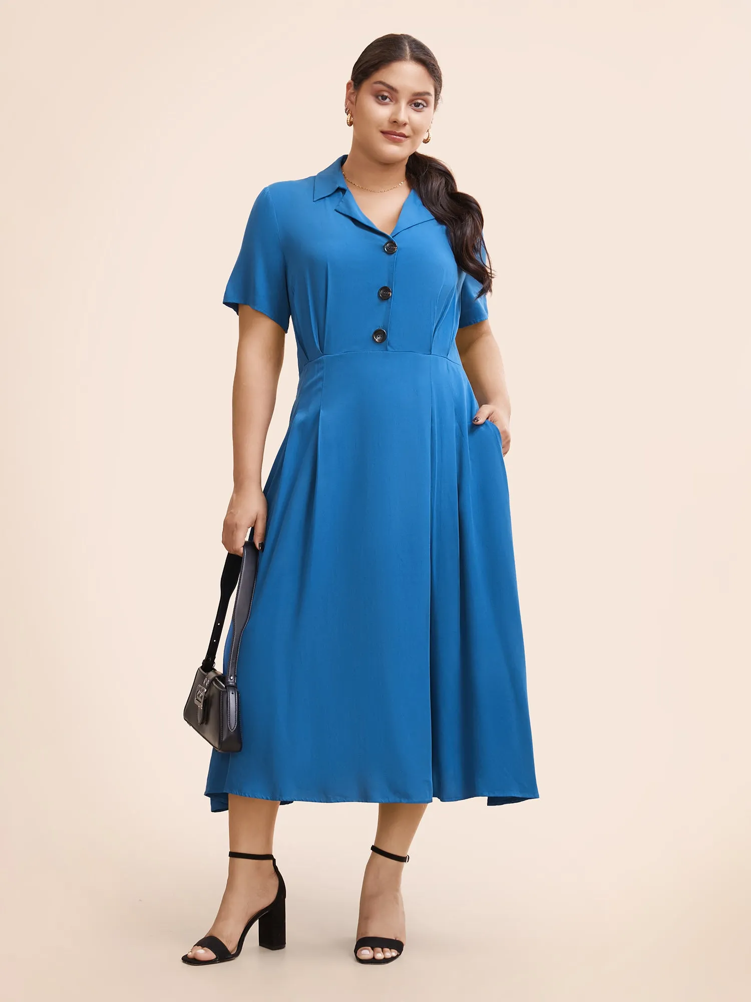 Plain Shirt Collar Pleated Midi Dress sold by Bloomchic