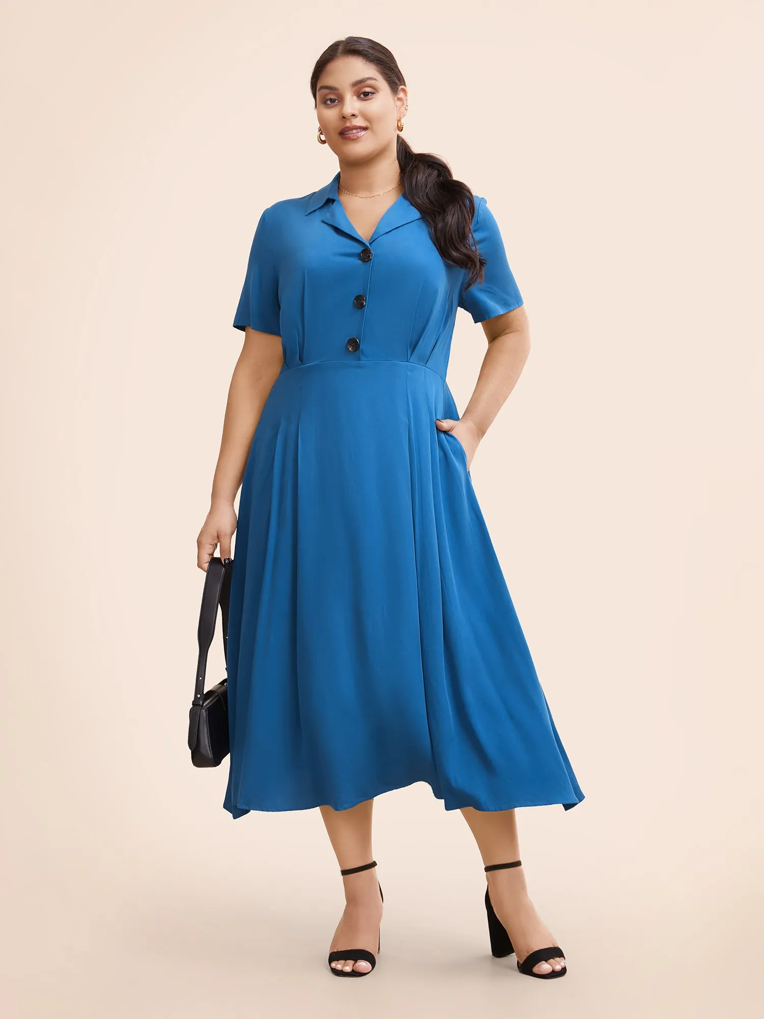 Plain Shirt Collar Pleated Midi Dress sold by Bloomchic product image thumbnail 2