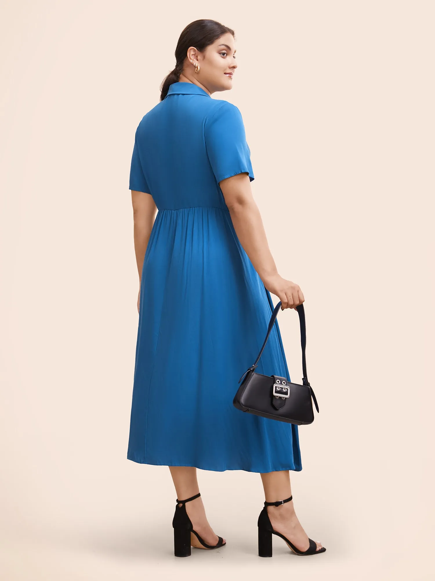 Plain Shirt Collar Pleated Midi Dress sold by Bloomchic product image thumbnail 4