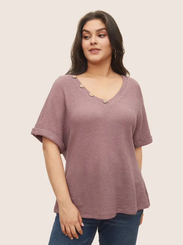 Plain Waffle Knit Button Detail Roll Sleeve T-shirt sold by Bloomchic
