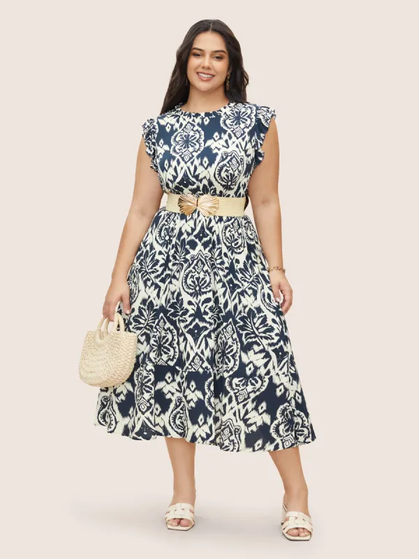 Boho Print Mock Neck Shirred Ruffle Cap Sleeve Dress sold by Bloomchic