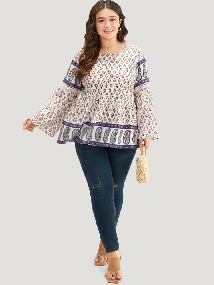 Boho Print Patchwork Lace Crew Neck Flutter Sleeve Blouse sold by Bloomchic product image thumbnail 4