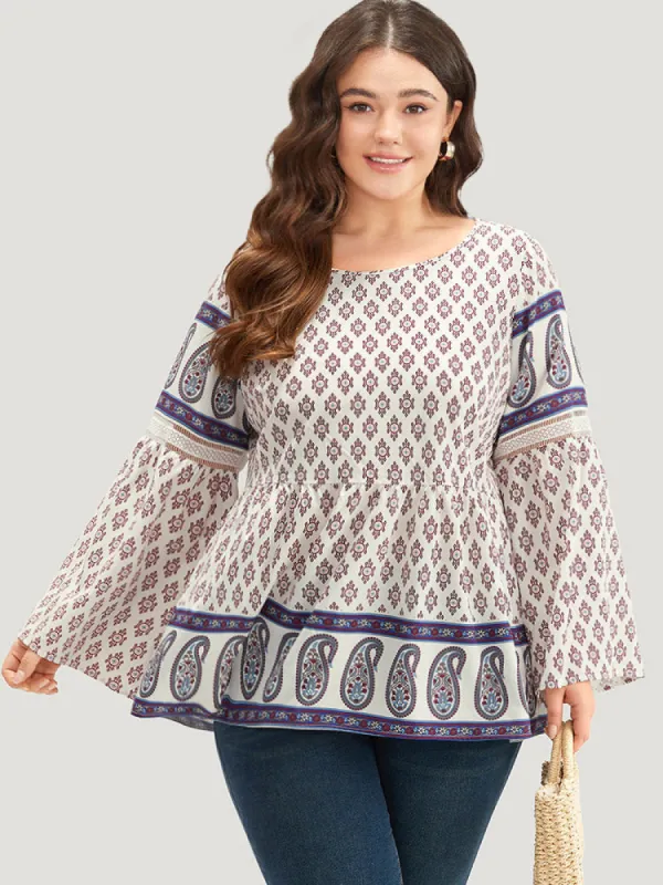 Boho Print Patchwork Lace Crew Neck Flutter Sleeve Blouse sold by Bloomchic