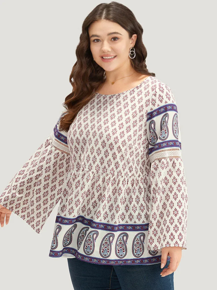 Boho Print Patchwork Lace Crew Neck Flutter Sleeve Blouse sold by Bloomchic product image thumbnail 5