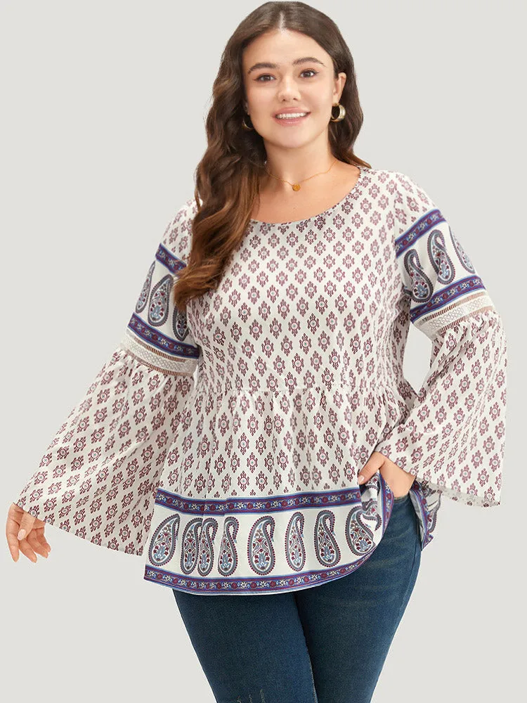Boho Print Patchwork Lace Crew Neck Flutter Sleeve Blouse sold by Bloomchic product image thumbnail 2