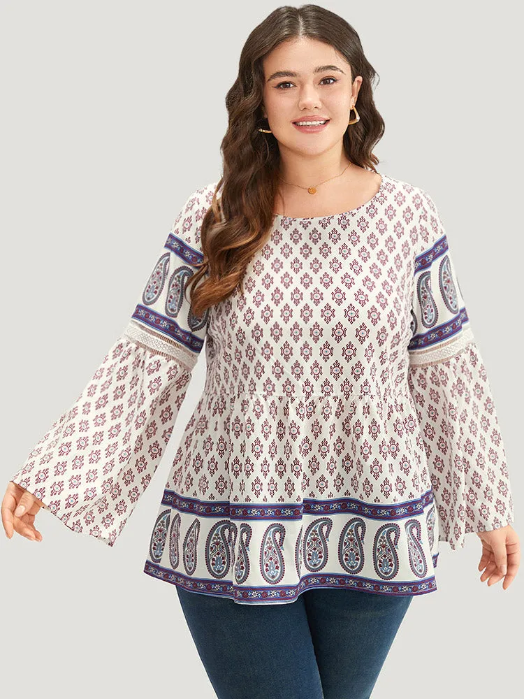 Boho Print Patchwork Lace Crew Neck Flutter Sleeve Blouse sold by Bloomchic product image thumbnail 3