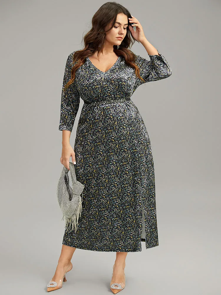 Velvet V Neck Ditsy Floral Split Hem Dress sold by Bloomchic