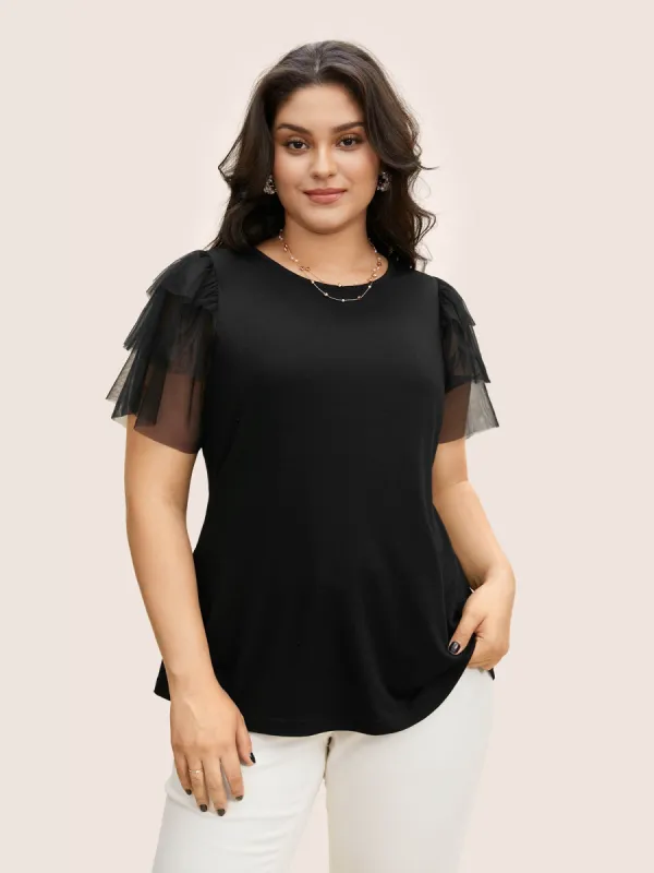 Crew Neck Tiered Mesh Patchwork T-shirt sold by Bloomchic