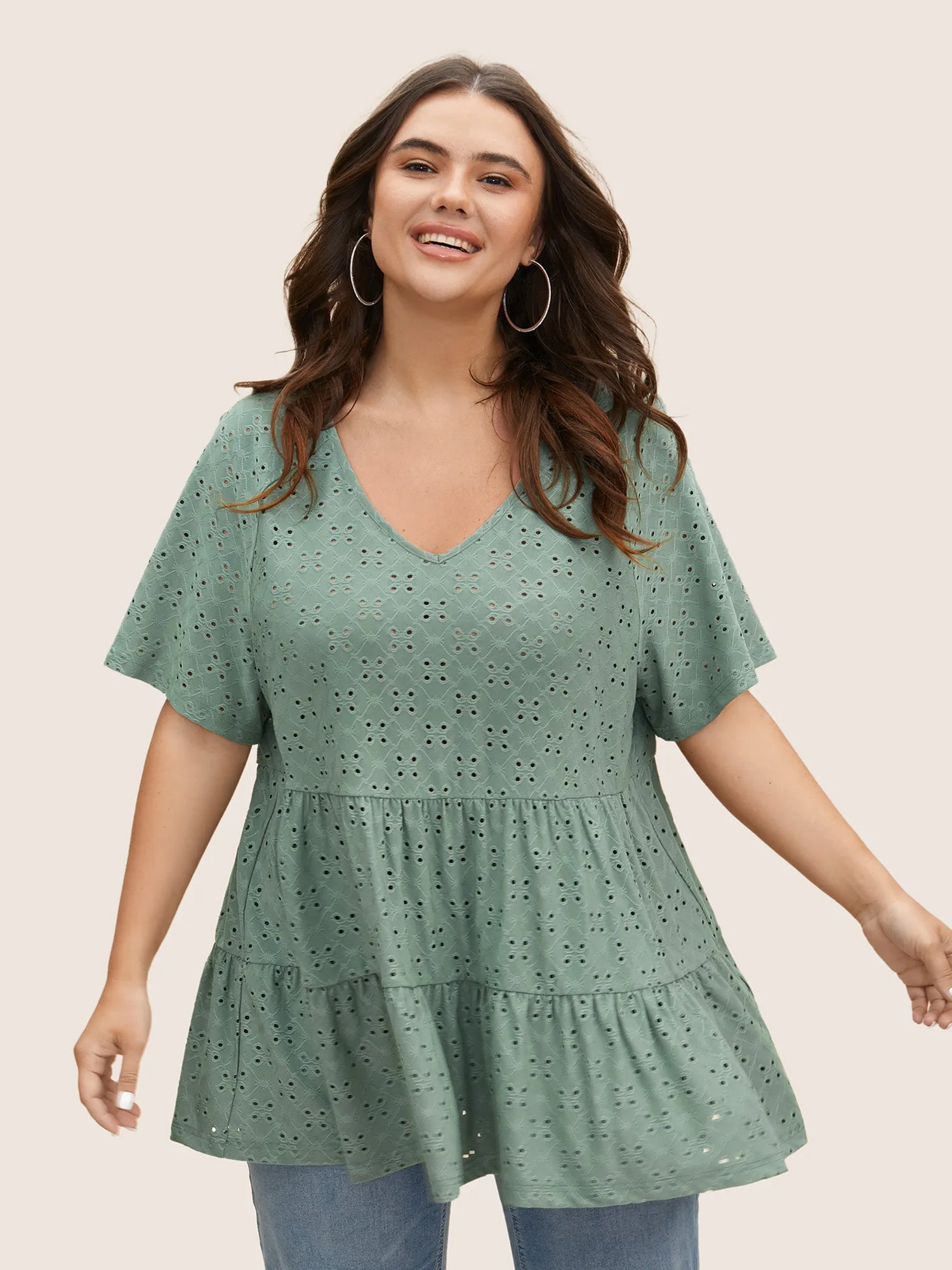 Solid Broderie Anglaise Ruffle Layered Hem T-shirt sold by Bloomchic