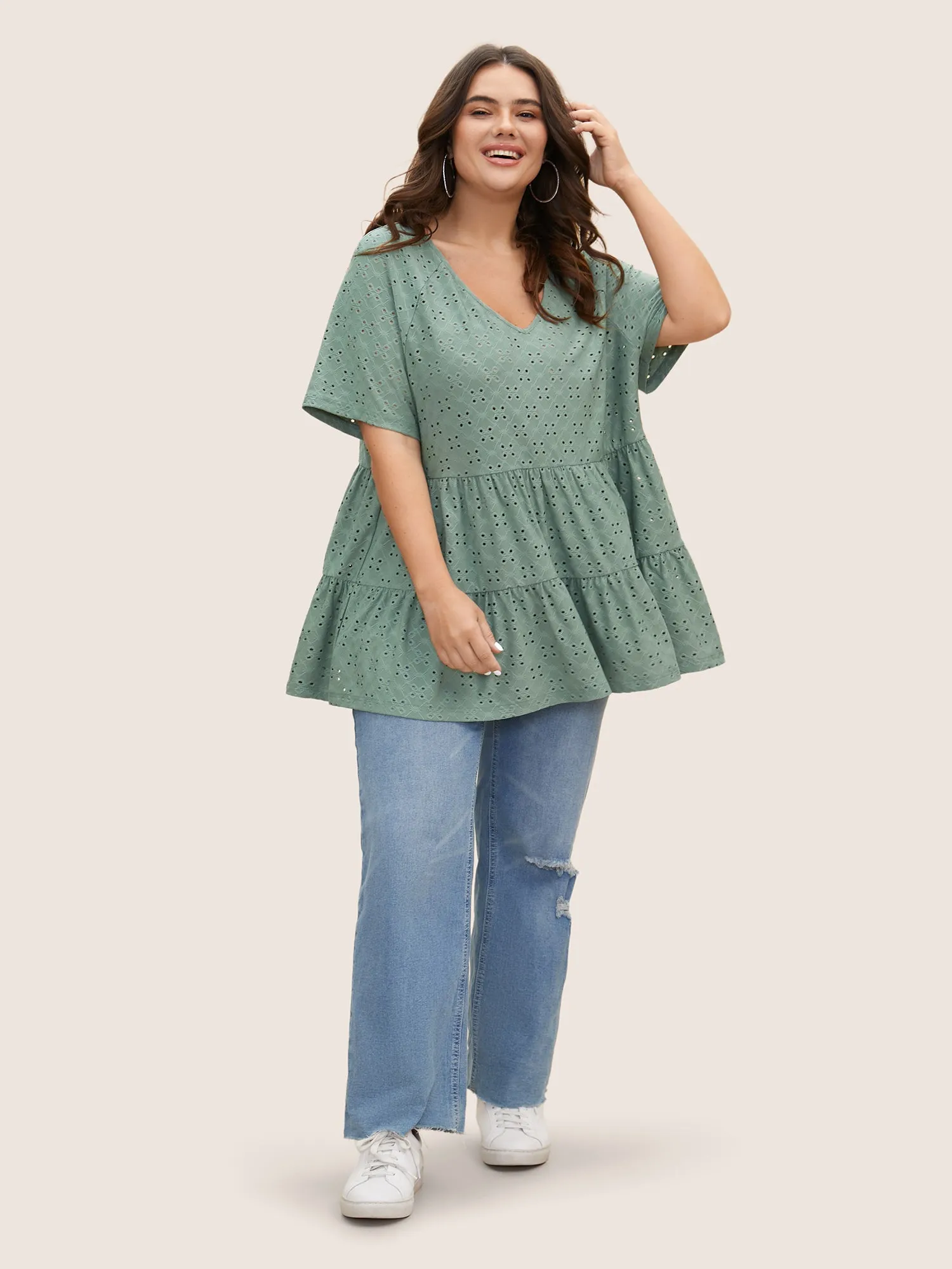 Solid Broderie Anglaise Ruffle Layered Hem T-shirt sold by Bloomchic product image thumbnail 3