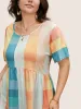 Contrast Plaid Round Neck Gathered T-shirt sold by Bloomchic