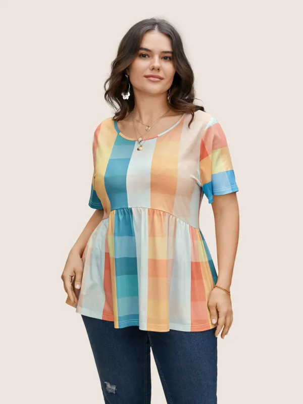 Contrast Plaid Round Neck Gathered T-shirt sold by Bloomchic