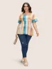 Contrast Plaid Round Neck Gathered T-shirt sold by Bloomchic