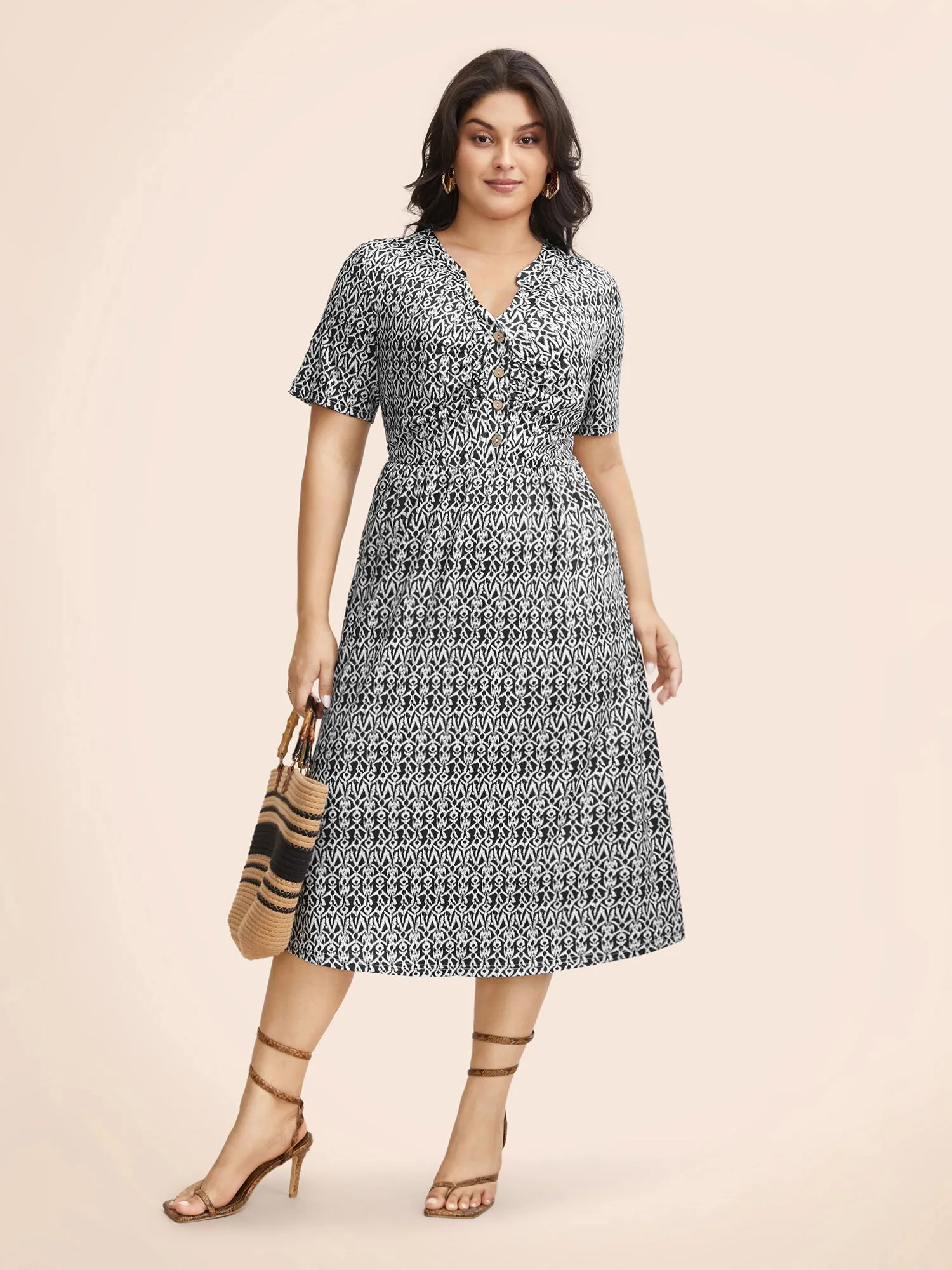 Boho Print Notched Collar Ruched Dress sold by Bloomchic
