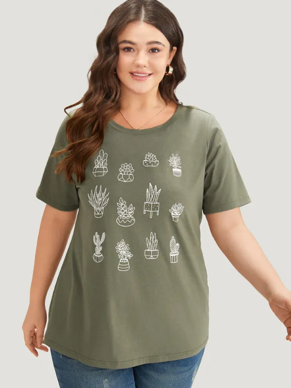 Plants Print Round Neck T-shirt sold by Bloomchic