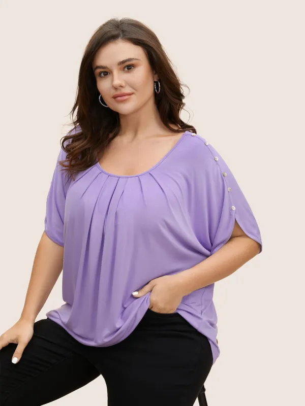 Solid Gathered Button Detail T-shirt sold by Bloomchic