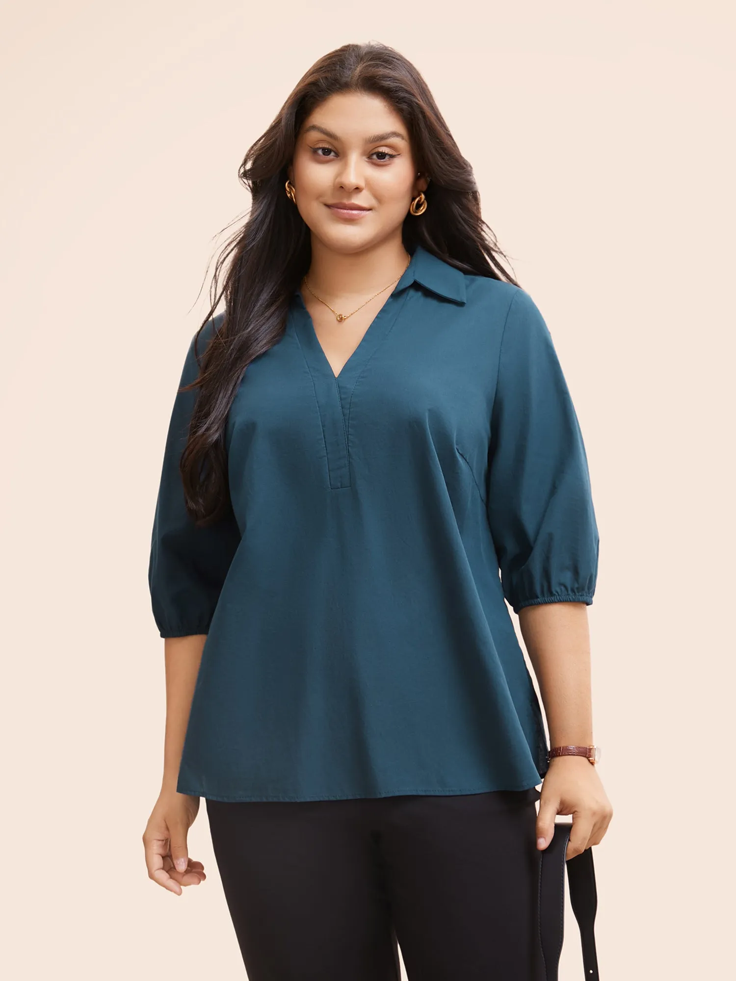 Cotton Shirt Collar Lantern Sleeve Blouse sold by Bloomchic