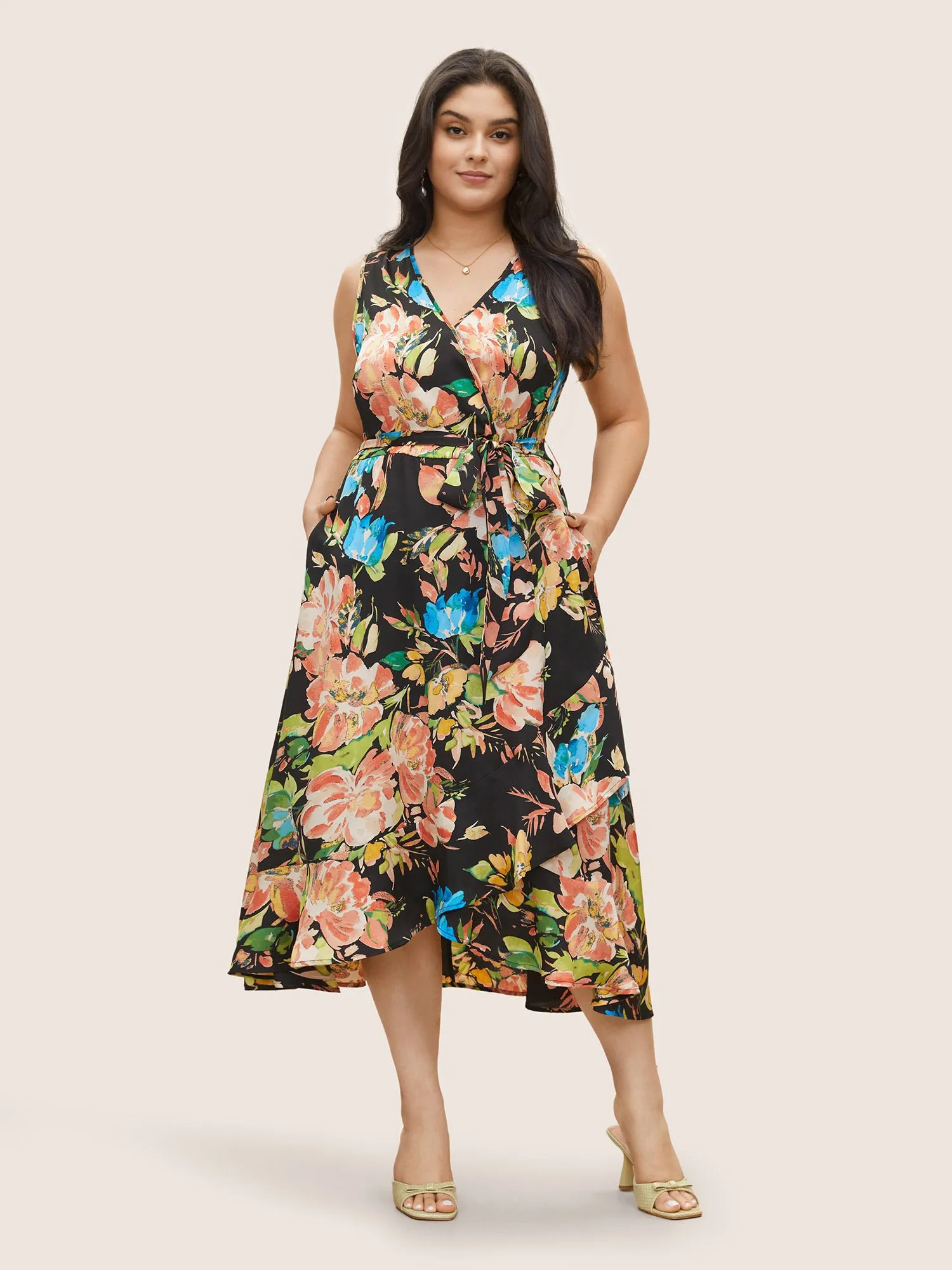 Surplice Neck Floral Print Belted Tank Dress sold by Bloomchic product image thumbnail 2