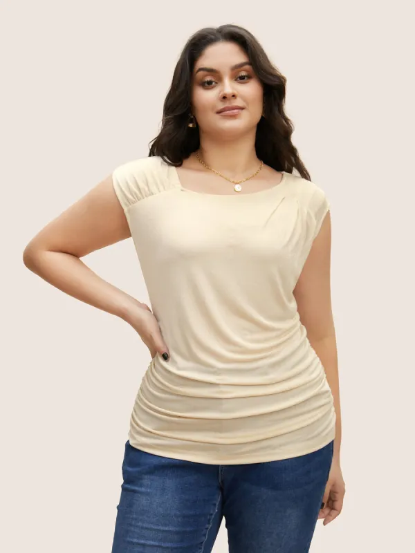 Asymmetrical Neck Pleated Cap Sleeve T-shirt sold by Bloomchic