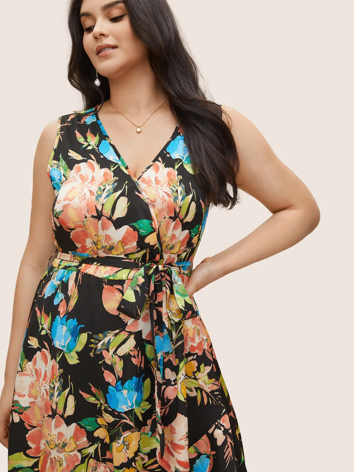 Surplice Neck Floral Print Belted Tank Dress sold by Bloomchic product image thumbnail 4
