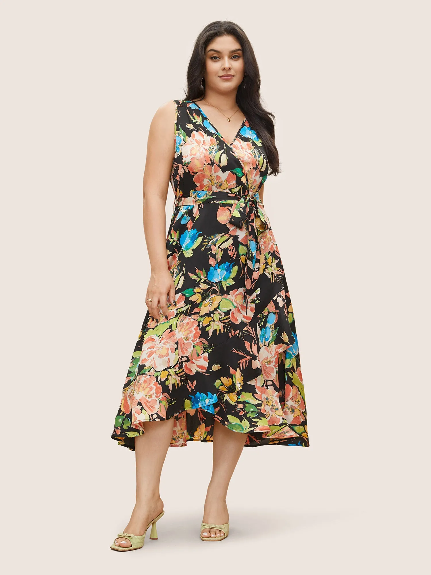 Surplice Neck Floral Print Belted Tank Dress sold by Bloomchic