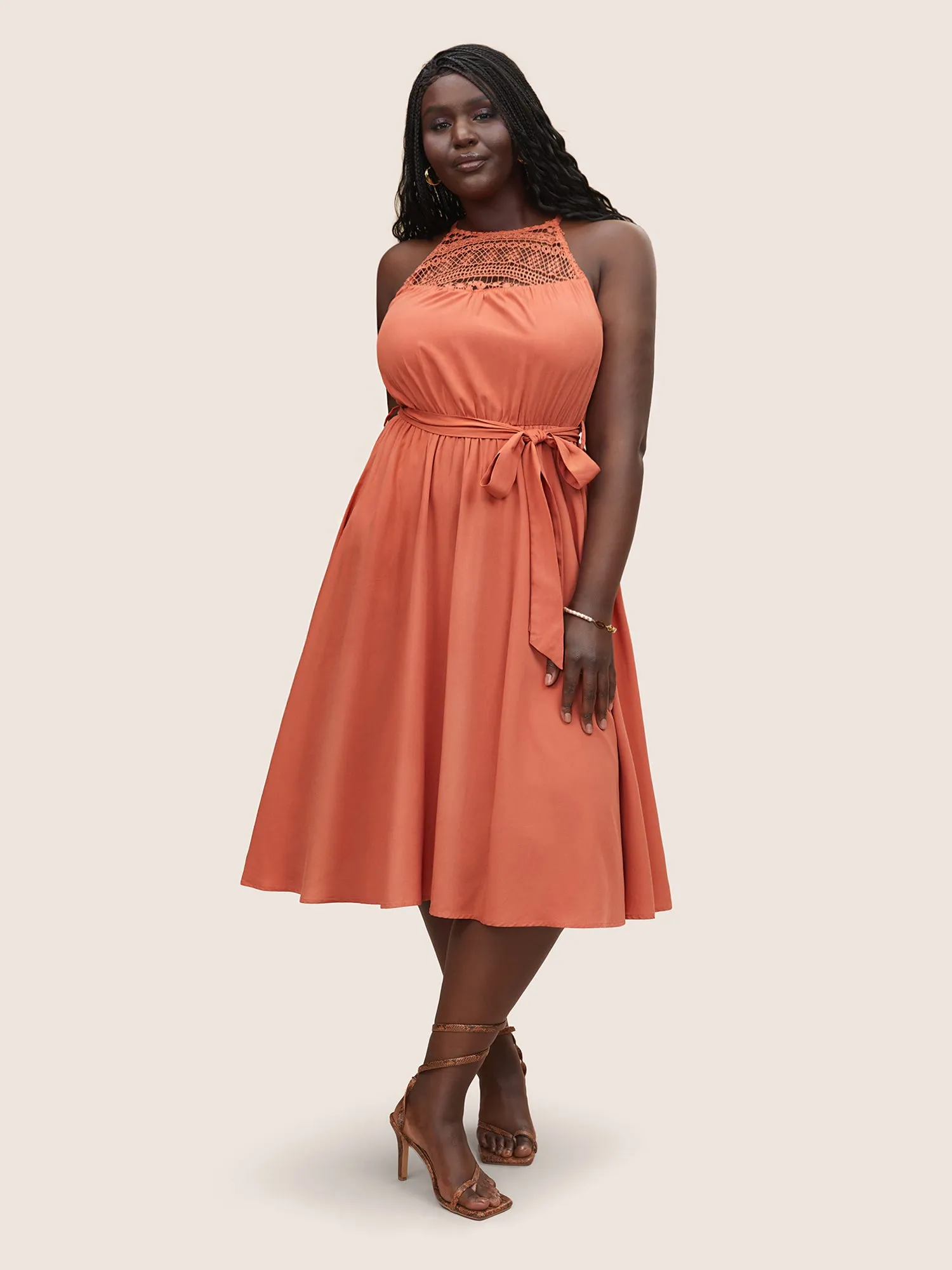 Supersoft Essentials Halter Lace Panel Belted Dress sold by Bloomchic