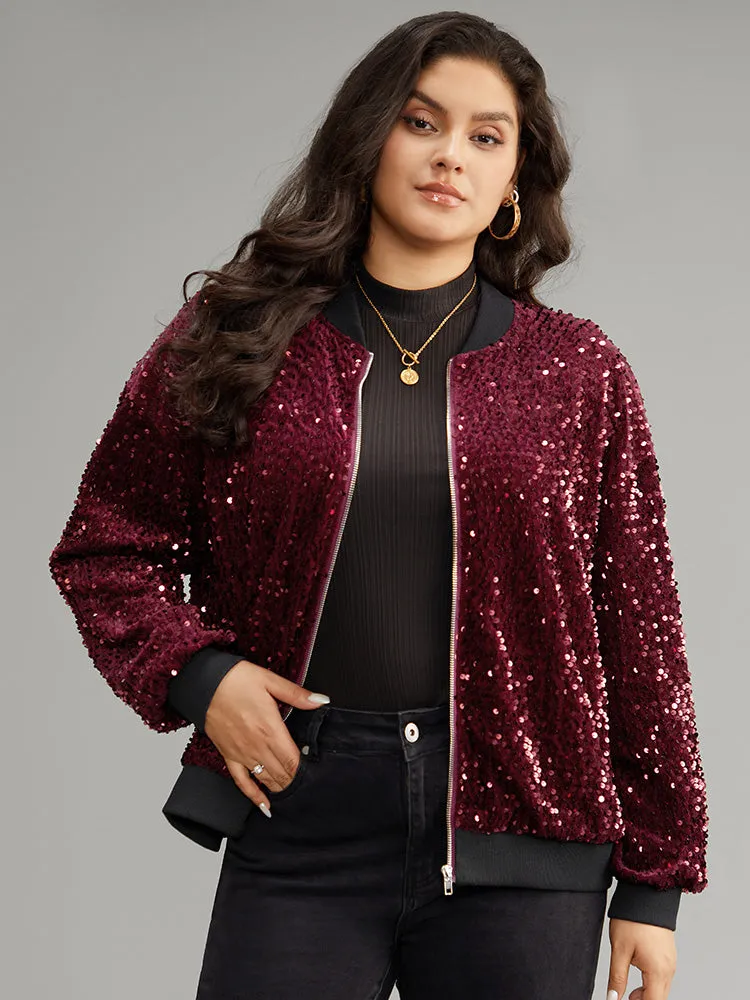 Sequin Zipper Patchwork Contrast Bomber Jacket sold by Bloomchic
