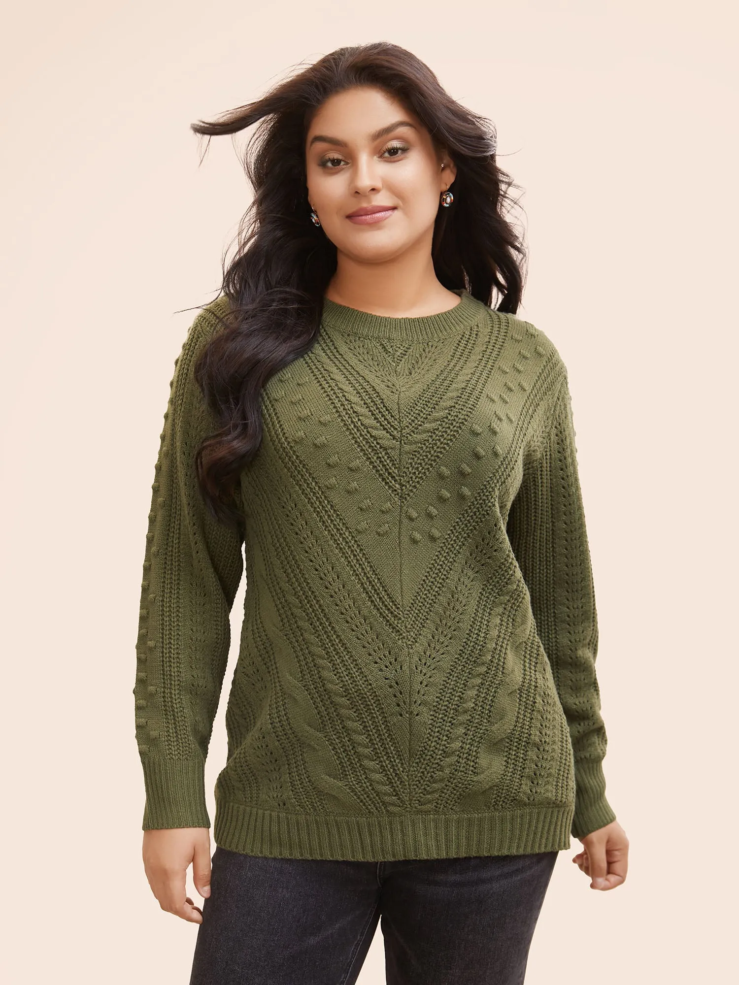 Solid Round Neck Cable Knit Pullover sold by Bloomchic product image thumbnail 2
