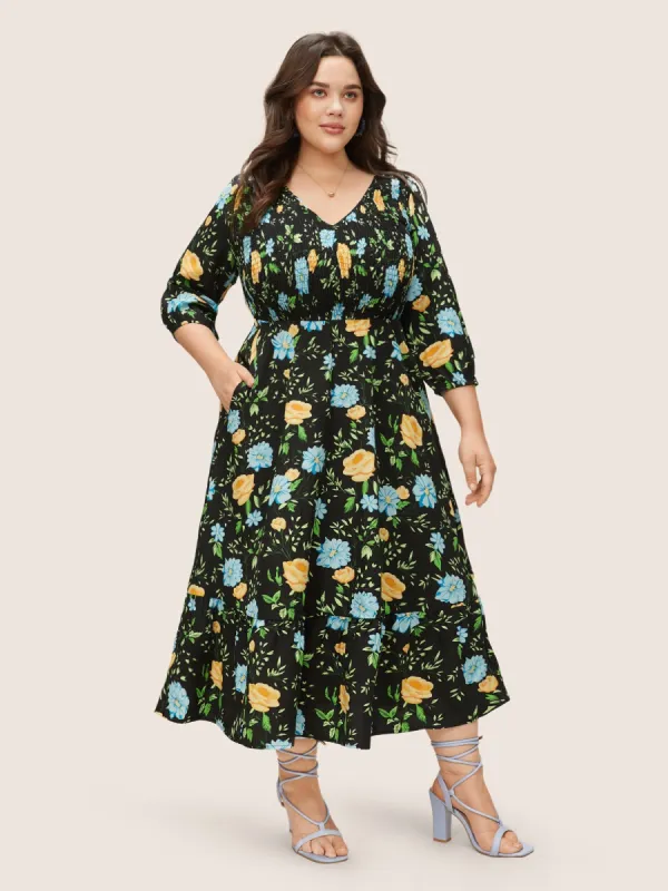 Floral Print Shirred Pocket V Neck Dress sold by Bloomchic