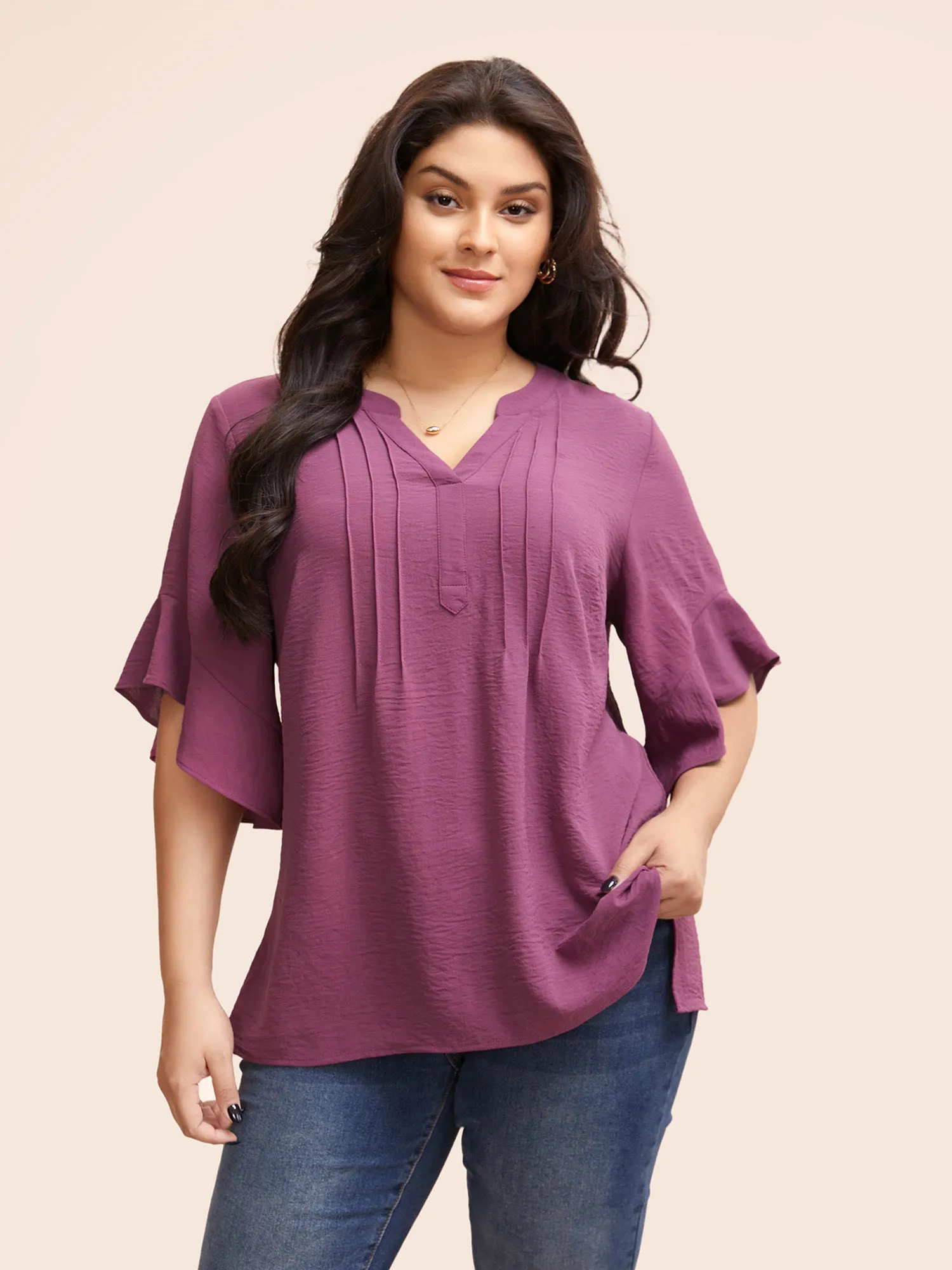 Notched Pleated Ruffles Split Hem Blouse sold by Bloomchic