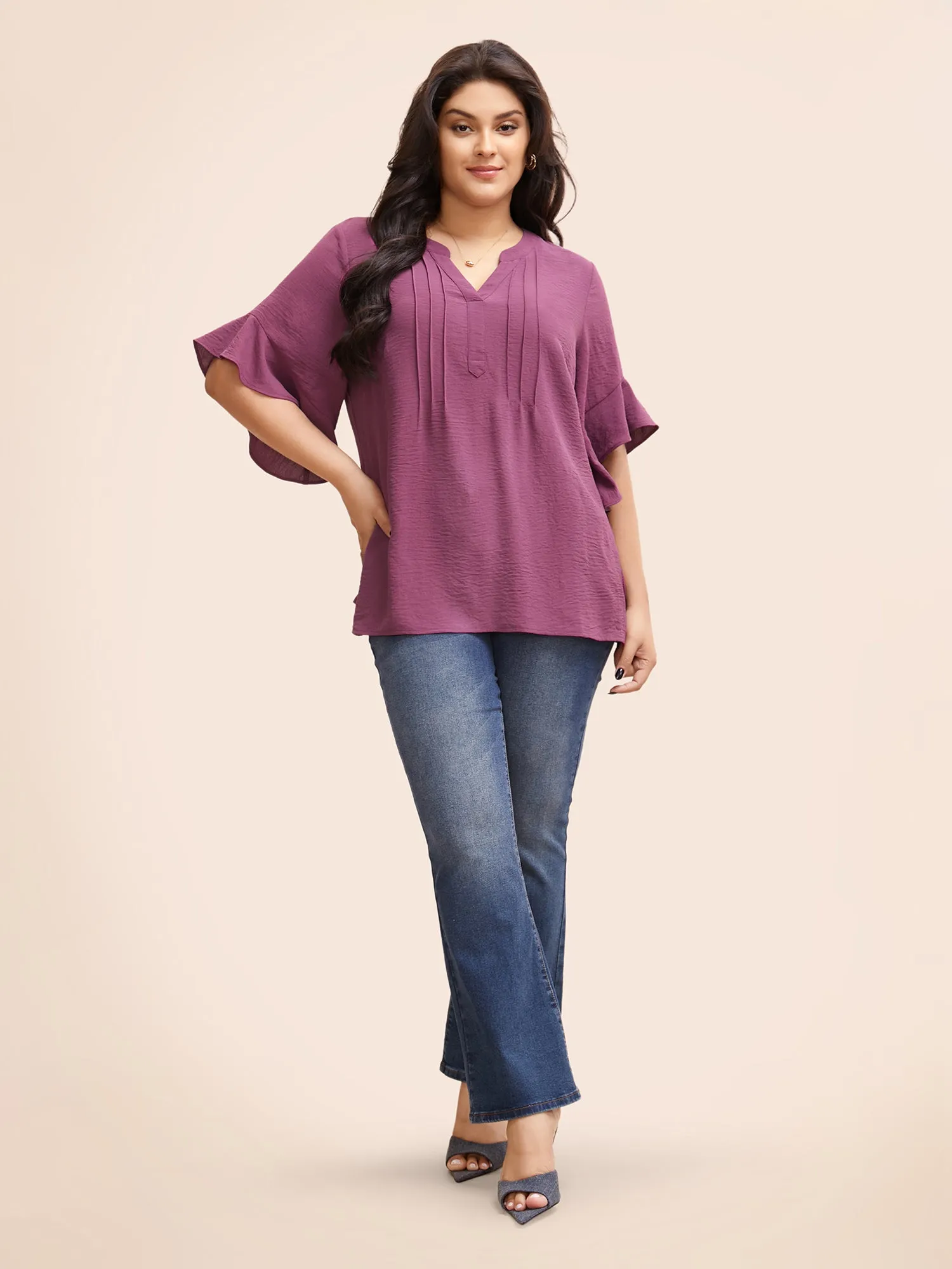 Notched Pleated Ruffles Split Hem Blouse sold by Bloomchic product image thumbnail 2