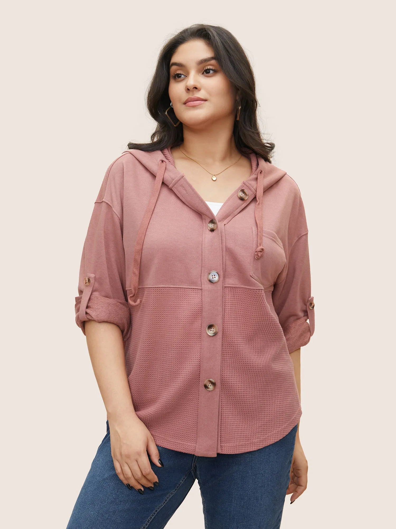 Plain Waffle Knit Drawstring Tab Sleeve Jacket sold by Bloomchic product image thumbnail 3