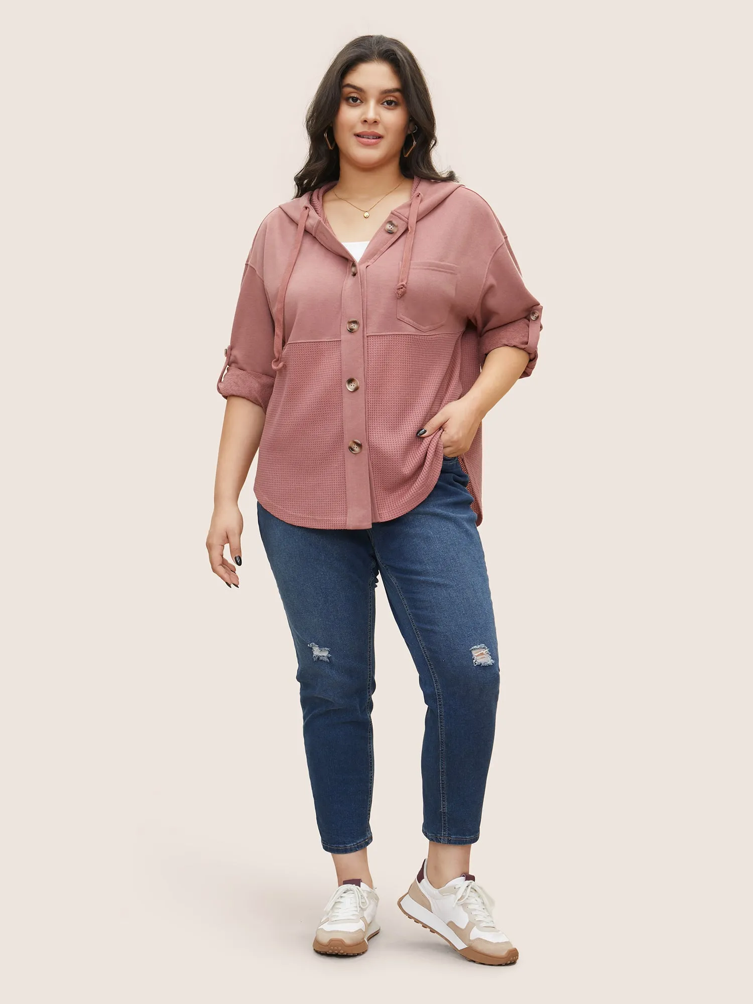 Plain Waffle Knit Drawstring Tab Sleeve Jacket sold by Bloomchic product image thumbnail 2