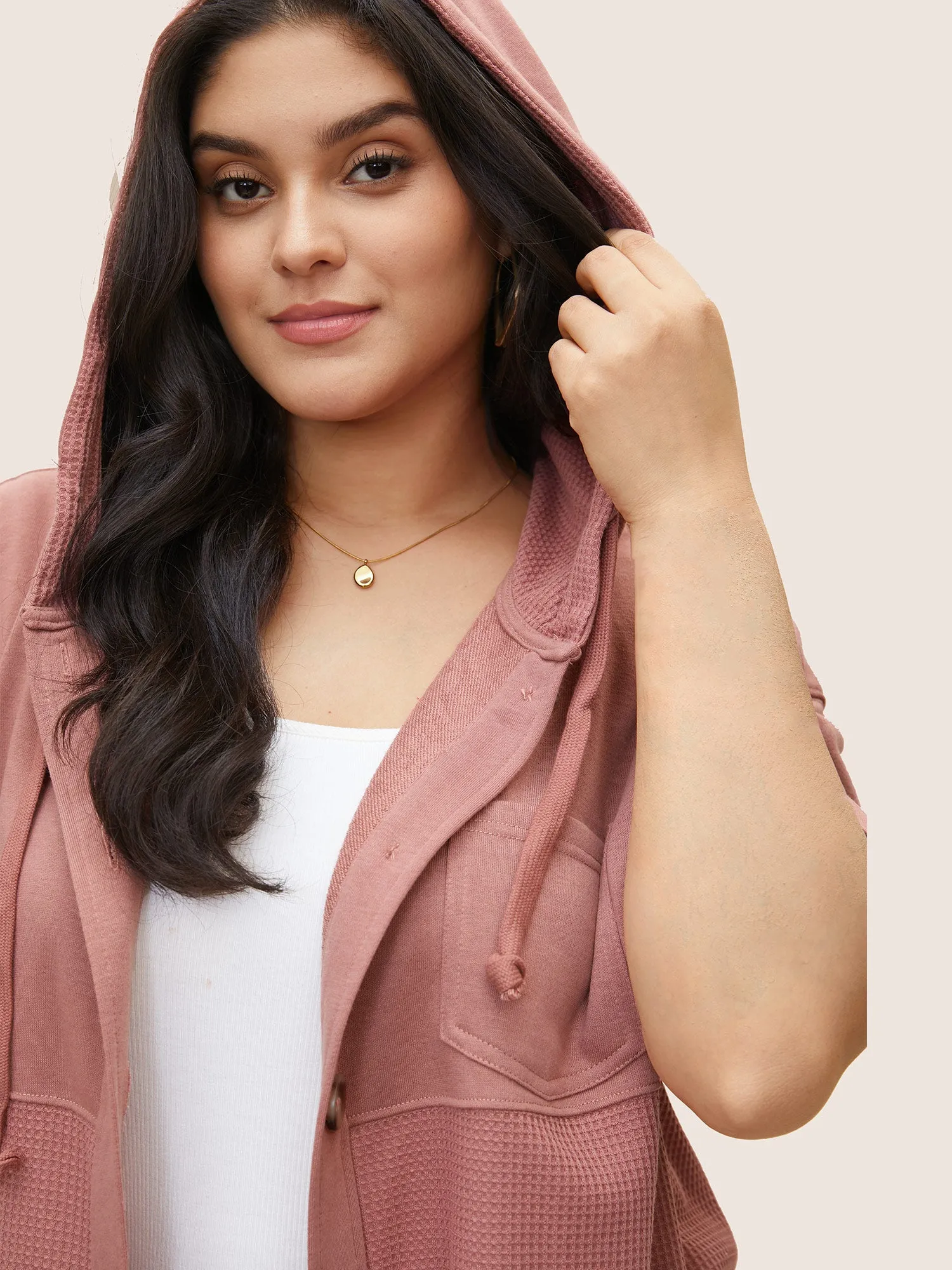 Plain Waffle Knit Drawstring Tab Sleeve Jacket sold by Bloomchic product image thumbnail 4