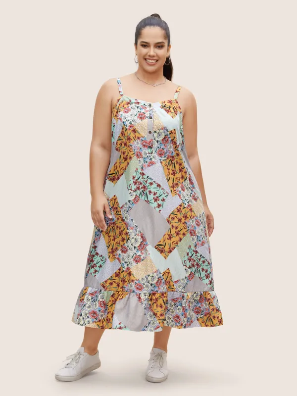 Floral Colorblock Contrast Button Detail Cami Dress sold by Bloomchic