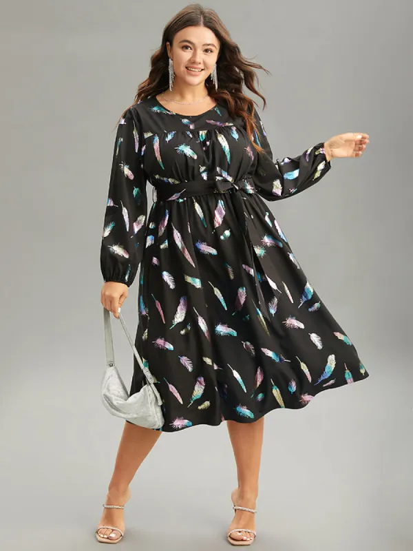 Glitter Feather Print Pocket Elastic Waist Dress sold by Bloomchic