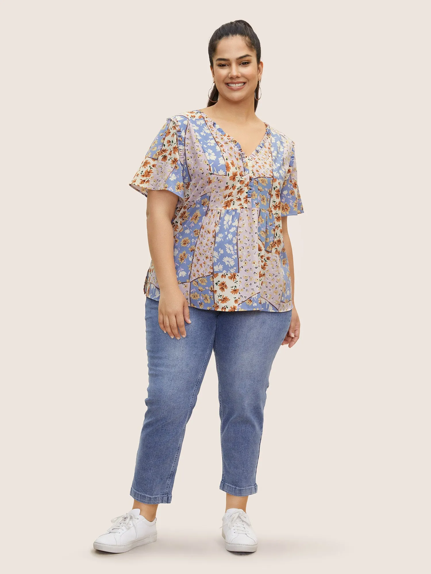 Patchwork Floral Frill Trim Split Hem Blouse sold by Bloomchic product image thumbnail 2