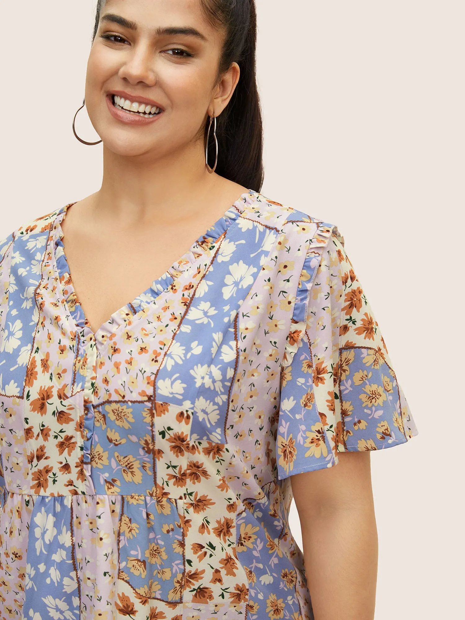Patchwork Floral Frill Trim Split Hem Blouse sold by Bloomchic product image thumbnail 3