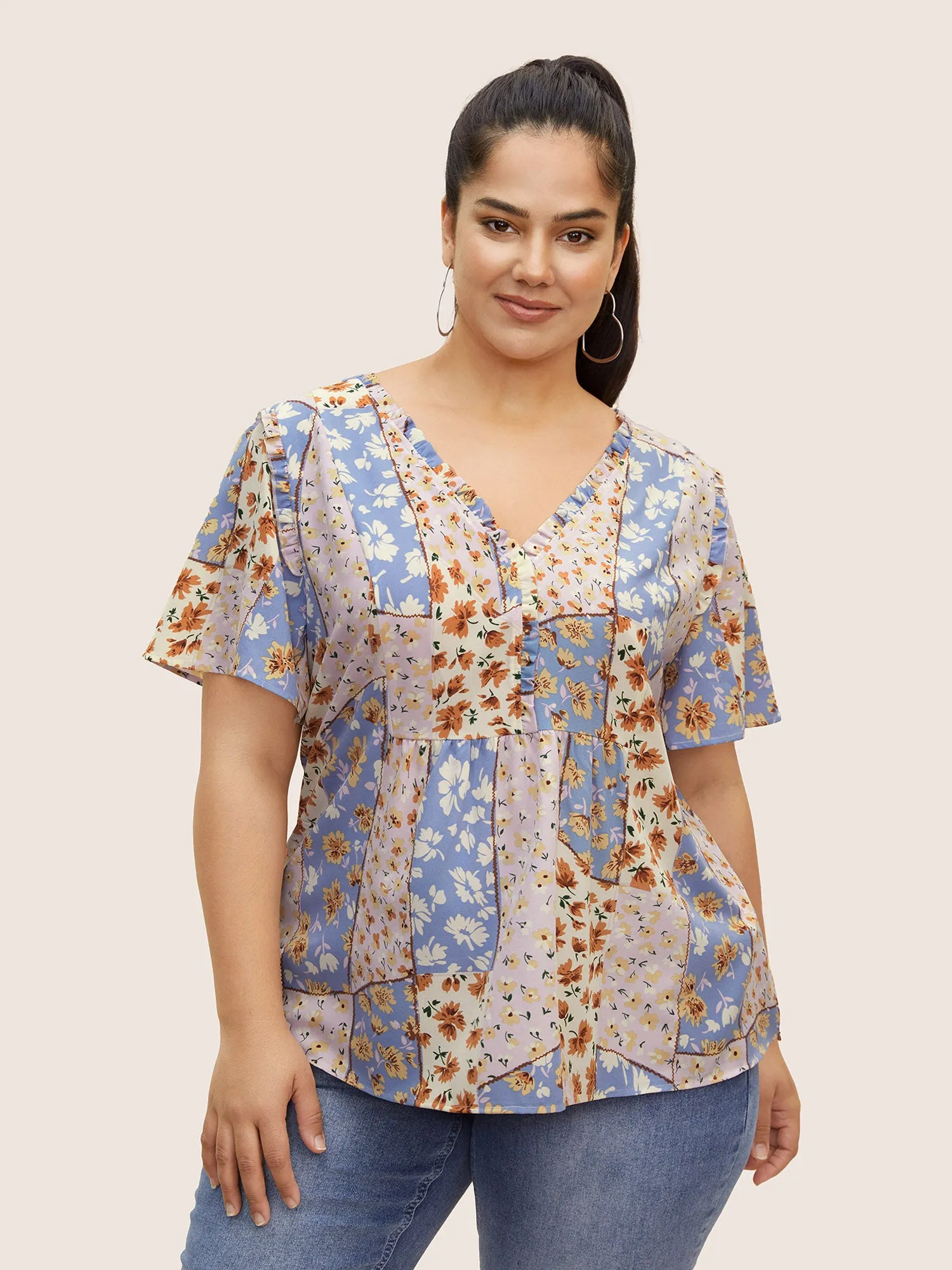 Patchwork Floral Frill Trim Split Hem Blouse sold by Bloomchic