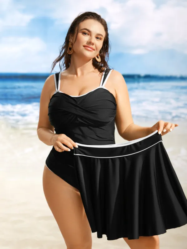 Heart Neckline Contrast Trim Two Piece Set Swim Dress sold by Bloomchic