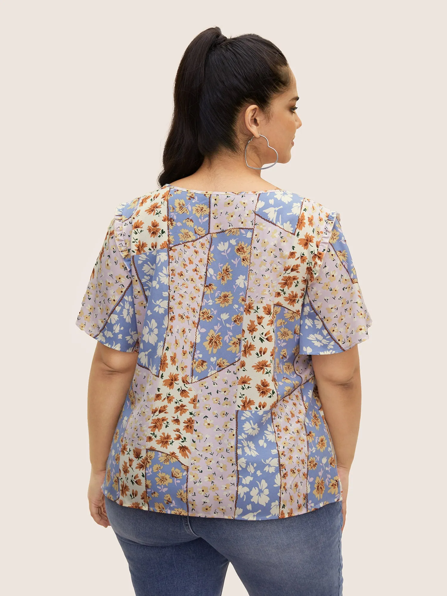 Patchwork Floral Frill Trim Split Hem Blouse sold by Bloomchic product image thumbnail 4