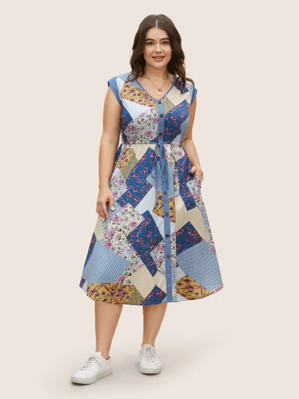 Patchwork Floral Drawstring Button Detail Dress sold by Bloomchic