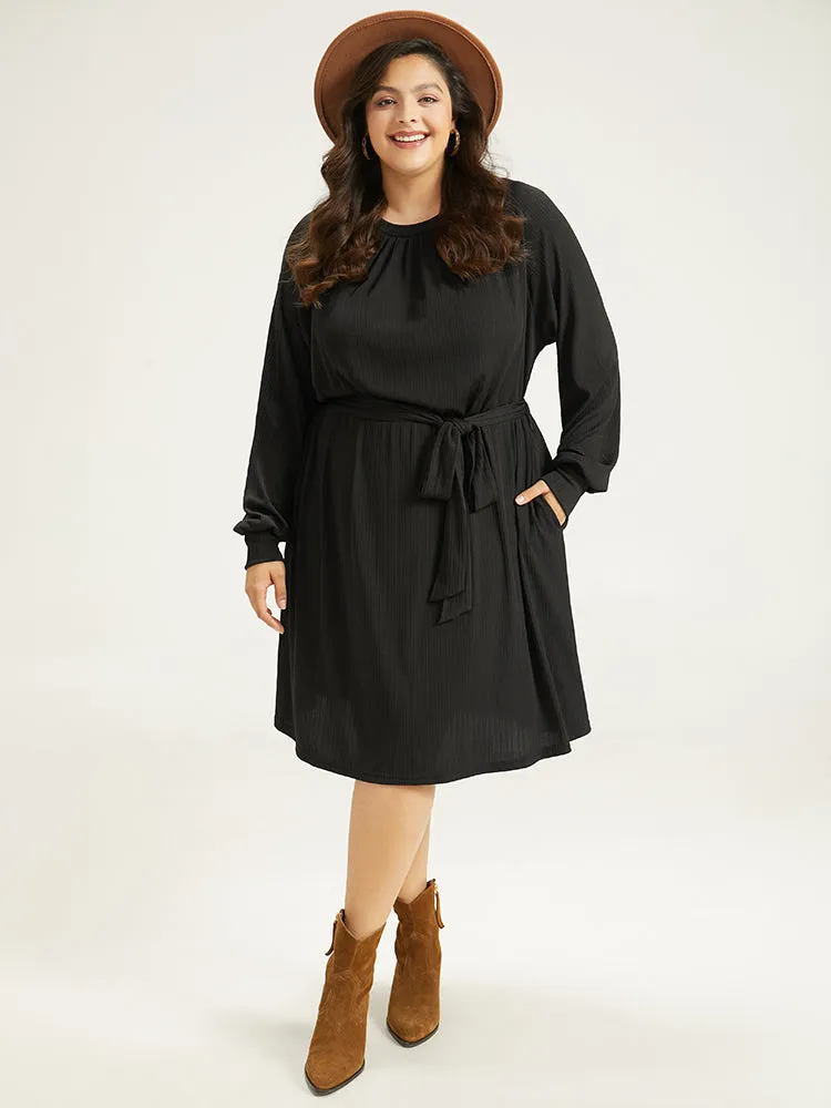 Rib Knit Solid Pocket Pleated Belted Dress sold by Bloomchic product image thumbnail 4