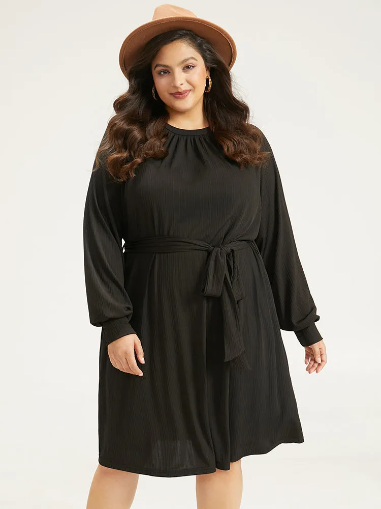 Rib Knit Solid Pocket Pleated Belted Dress sold by Bloomchic