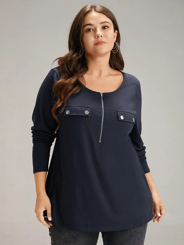 Plain Half Zip Button Detail T-shirt sold by Bloomchic