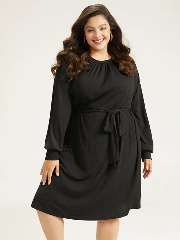 Rib Knit Solid Pocket Pleated Belted Dress sold by Bloomchic product image thumbnail 5